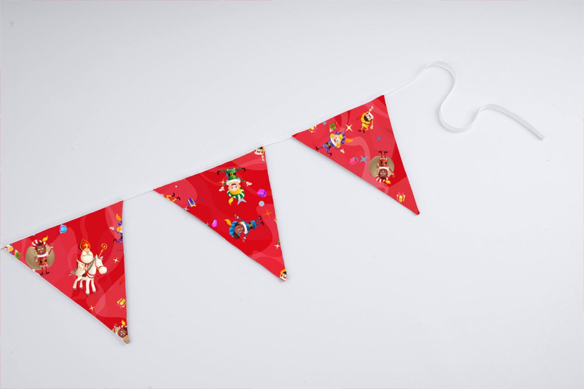 Vlaggenlijn van stof | Pietengym - 3 meter / 9 vlaggetjes - Sinterklaas en Pieten slinger (rood) met driehoek vlaggetjes - Sint en piet versiering / Sinterklaas decoratie - Stoffen slingers handgemaakt & duurzaam